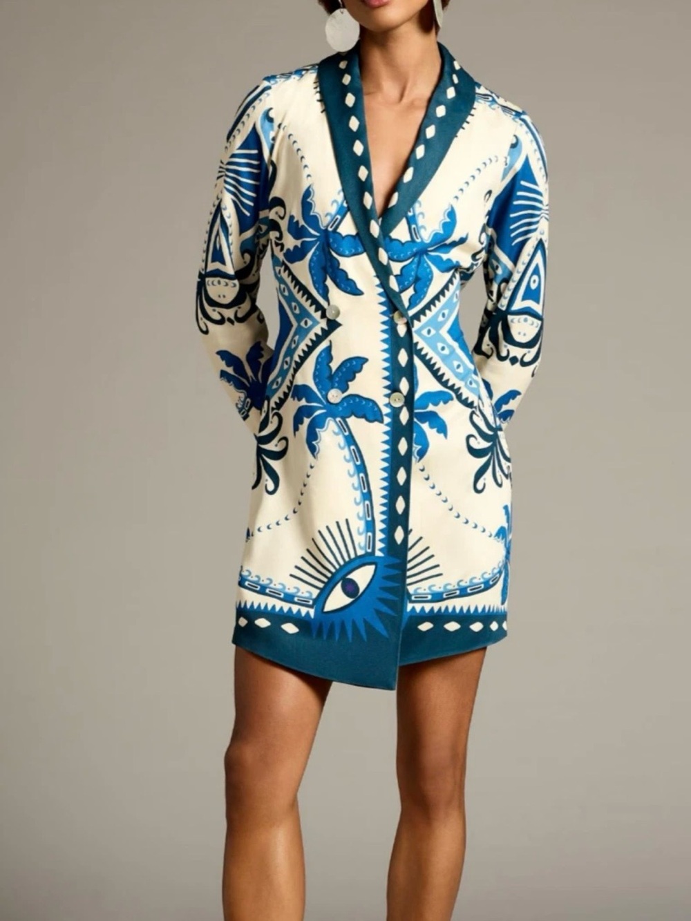 Farm Rio Anthropologie Long-Sleeve Blazer Dress Blue/Ivory Size M Petite $210
